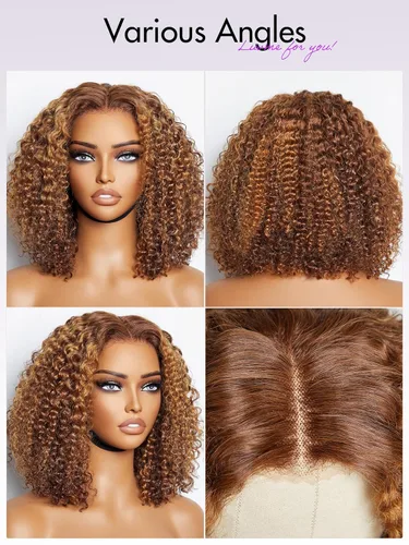 Vista 7 de LUVME HAIR Pelucas de cabello humano rizado marrón de 12 pulgadas, sin pegamento, precortada, con encaje frontal, prearrancado, 4/30, mezcla