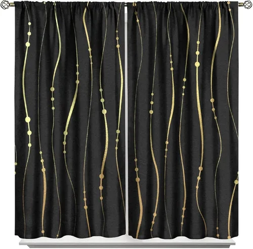 Vista 45 de Cortinas Negras con Dobladillo Dorado, Cortinas Opacas con Bolsillo para Barra con Estampado de Rayas de Foil en Onda Dorada para Decoración de Negro