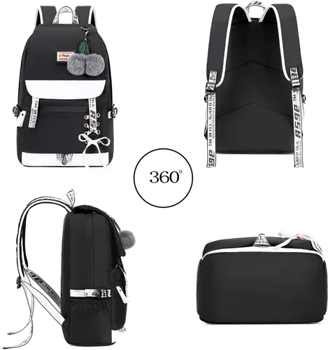 Vista 3 de Mochila Asge escolar, informal, para libros, de uso diario, para niña, negro 2), ASGE-BB-03