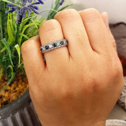 Vista 8 de Dazzlingrock Collection Anillo de boda de 9 piedras de zafiro azul princesa y diamante blanco redondo de 0.098 in cada uno en oro de 14 quilates