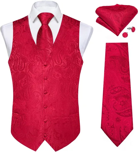 Vista 7 de DiBanGu Juego de chaleco y corbata para hombre, chaleco formal de cachemira y corbata con bolsillo cuadrado y gemelos, de seda, para traje o Verde