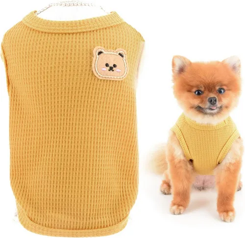 Vista 8 de SMALLLEE_LUCKY_STORE Camiseta sin mangas de punto gofre con bonito oso para cachorros, para perros pequeños, gatos, niños y niñas, camiseta