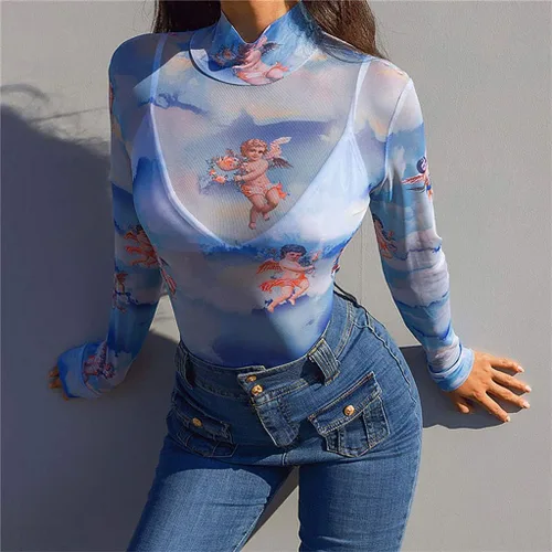 Vista 5 de Trajes de verano para mujer, sexy, con estampado de ángel, manga larga, monos