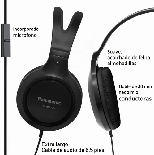 Vista 3 de Panasonic Auriculares ligeros con cable sobre la oreja con micrófono, sonido y XBS para extra graves, cable largo, conector de 3.5mm para teléfonos