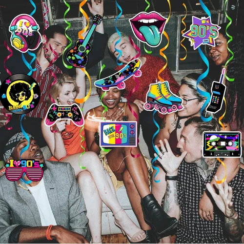 Vista 5 de 48 espirales colgantes de los años 90 para adultos, decoraciones de fiesta de regreso a los 90, decoración de cumpleaños temática de los años 80