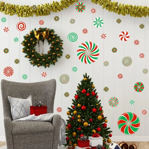 Vista 5 de 54 piezas de calcomanías adhesivas de Navidad para pared con decoración de caramelo de Navidad, calcomanías adhesivas de caramelo de menta para Rojo