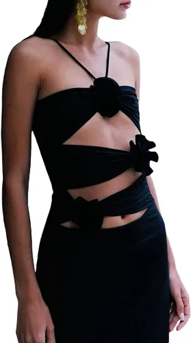 Vista 3 de Vestido halter de flores 3D para mujer, sin mangas, sin espalda, recortado, bodycon, vestido largo de tubo con roseta, floral, vestido de fiesta