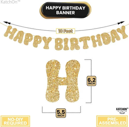 Vista 2 de KatchOn, Cartel de feliz cumpleaños dorado con purpurina – Pre-encordado, 10 pies Cartel dorado de feliz cumpleaños para niñas y niños Cartel