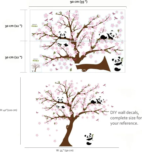 Vista 5 de Runtoo Calcomanía de pared de panda, diseño de flor de cerezo para sala de estar y dormitorio