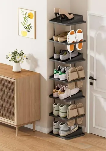 Vista 10 de Zapatero vertical apilable de 5 niveles para 10 pares, torre de zapatos estrecha, ahorro de espacio, para entrada, sala de estar, dormitorio Negro