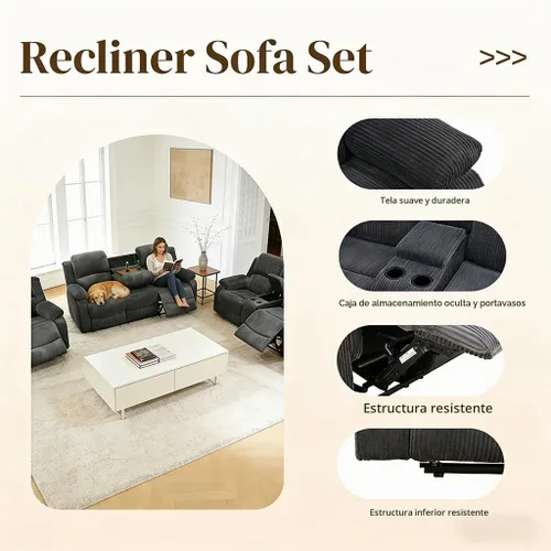 Vista 5 de Juego de sofá reclinable manual de 3 piezas, sofá reclinable de pana para sala de estar Gris oscuro