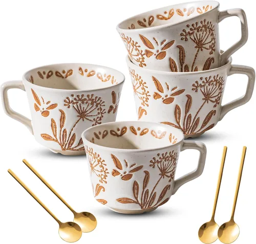 Vista 8 de Juego de 4 tazas de café con cuchara dorada, taza de cerámica pintada a mano de estilo antiguo de 11 onzas para hombres y mujeres, regalos únicos