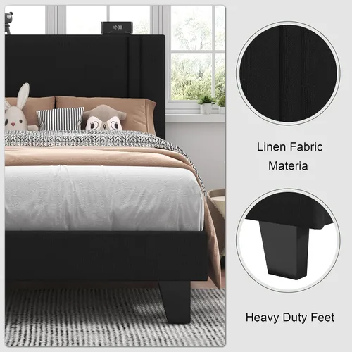 Vista 4 de Feonase Base de cama individual con plataforma doble, marco de cama individual tapizado en terciopelo, listones de madera maciza y soporte para pies
