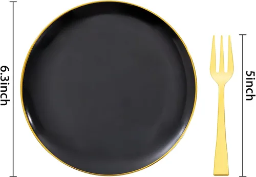 Vista 2 de Festiva 200 Piezas Platos de Postre Negro y Dorado de 6.3" con Tenedores de Plástico de 5"- Platos Desechables Pequeños- Platos de Plástico
