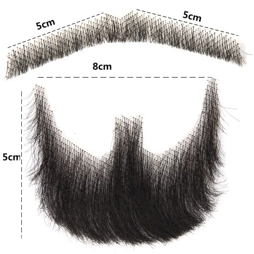 Vista 2 de Justin Happy Bigotes falsos de cabello humano para hombres, un par de bigotes falsos negros realistas atados a mano, barbas de cabra falsas