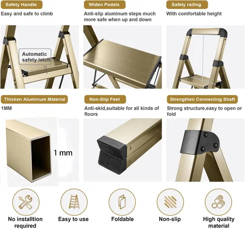 Vista 3 de Escalera plegable pequeña cocina taburete armario aluminio Mini portátil de metal ancho dos pasos interior y exterior lindo corto