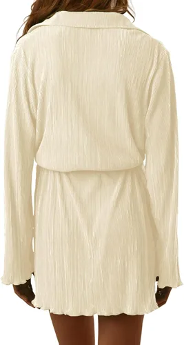 Vista 2 de LYANER Vestido camisero mini plisado de manga larga con cuello en V abotonado para mujer con cinturón