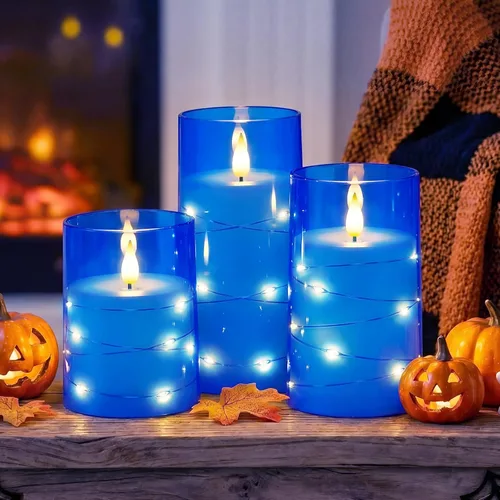 Vista 8 de Homemory Velas sin llama con cadena de estrellas incrustadas, velas que funcionan con pilas, velas LED, velas falsas con control remoto y Azul