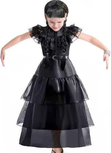 Vista 8 de keaiyouhuo Disfraz de Wednesday Addams para niñas, vestidos largos negros para niños, familia, cosplay, fiesta de Halloween, 4-14 años