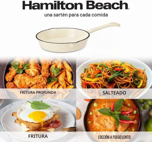 Vista 7 de Sartén de Hierro Fundido Esmaltada Hamilton Beach de 8 Pulgadas en Crema, Revestimiento Esmaltado en Crema, Sartén para Estufa y Horno