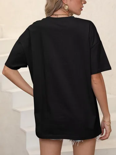 Vista 5 de Camisetas casuales de manga corta para mujer, cuello en V, manga enrollada, holgada, con abertura lateral