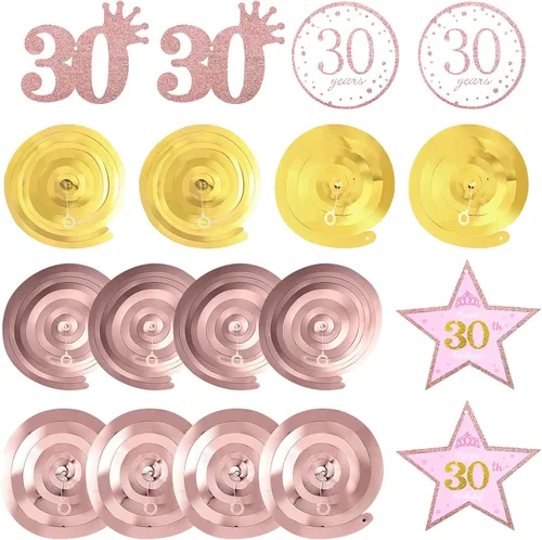 Vista 5 de Decoraciones de fiesta de oro rosa, pancarta de feliz cumpleaños 30 con purpurina de oro rosa, pompones, kit de espirales colgantes brillantes