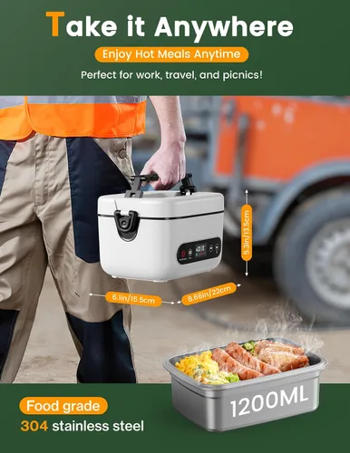 Vista 2 de Fiambrera eléctrica inalámbrica, 1.2 L, alimentada por batería, 100 W, 24000 mAh, recargable, portátil, calentador de alimentos autocalentable