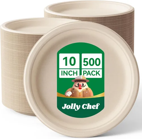 Vista 14 de JOLLY CHEF Platos compostables de alta resistencia de 10 pulgadas [Paquete de 125] Platos de papel desechables ecológicos de bagazo natural