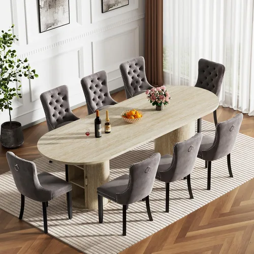 Vista 33 de Mesa de comedor redonda extensible con base de almacenamiento, mesa de comedor expandible natural de 63 a 94 pulgadas para 10 personas, mesa