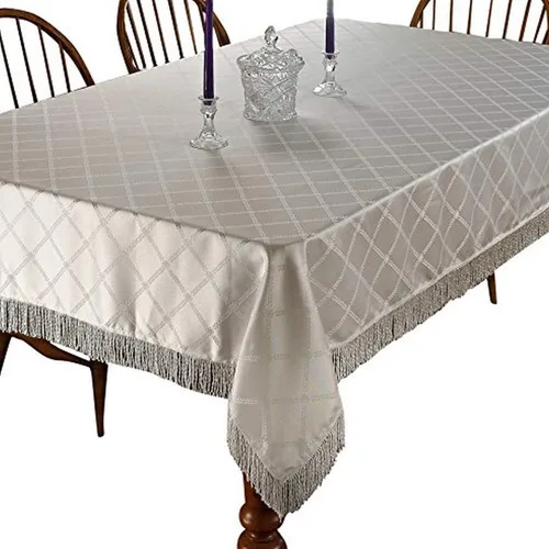 Vista 5 de Violet Linen Mantel con flecos con diseño de damasco de diamante, color beige, cuadrado de 54 x 54 pulgadas