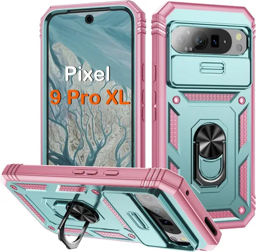 Vista 221 de PASNEW Funda militar para iPhone 13 Pro Max, cubierta de cámara deslizante y soporte de anillo de metal de 360°, carcasa rígida multicapa resistente