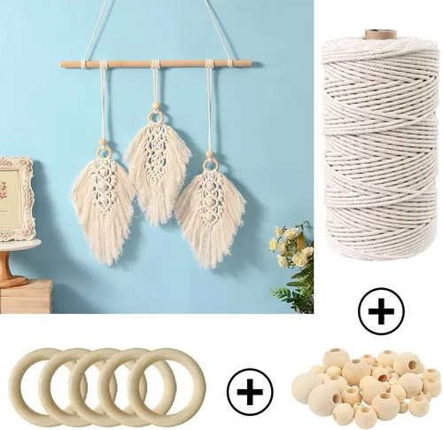 Vista 6 de 120 kits de macramé para principiantes de 0.118 pulgadas x 109 yardas, cordón de macramé de algodón natural con cuentas y anillos de madera, palos