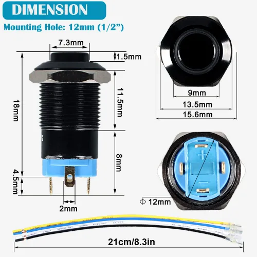 Vista 3 de 2 interruptores de botón de metal con pestillo de 0.472 pulgadas, cabeza elevada de 12 V-24 V, 4 pines de encendido y apagado, 1 no, carcasa negra