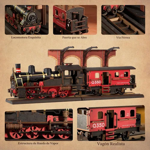 Vista 5 de ROBOTIME - Rompecabezas 3D para adultos, kit de modelo de tren steampunk de madera para armar, kit de bricolaje, juguete de madera, hobby, regalo