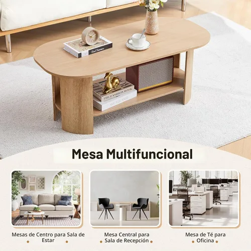 Vista 7 de Mesa auxiliar ovalada para sala de estar, mesas de centro de granja de 43.3 pulgadas con almacenamiento, mesa central de madera de 2 niveles
