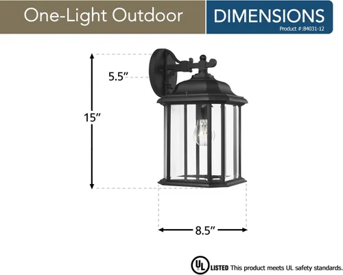 Vista 2 de Generation Lighting 84031-12 Kent One Light - Farol de pared para exteriores con paneles de vidrio biselado transparente, acabado negro, 1 luz