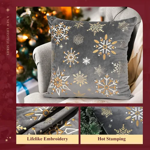 Vista 9 de Fundas de cojín decorativas de Lewondr para Navidad, con bordado de copo de nieve y patrón de estampado en caliente, para sofá, cama, silla Gris