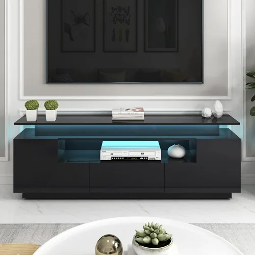 Vista 14 de Soporte de TV versátil de alto brillo con luces LED que cambian de color y 2 estantes de vidrio templado, centro de entretenimiento para televisores