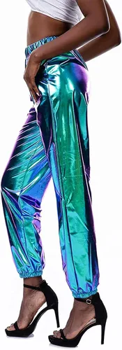 Vista 2 de Vidfye Pantalones deportivos elásticos metálicos brillantes para mujer pantalones de harén de cintura alta pantalones holográficos de hip hop