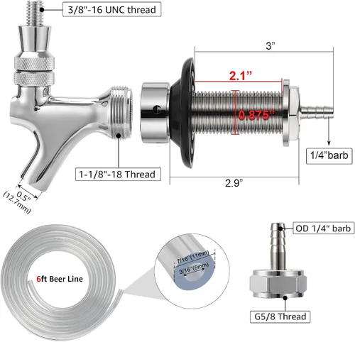 Vista 3 de Kit de grifo de vástago de cerveza de barril de cerveza de 3 pulgadas, vástago de grifo de cerveza de cierre automático, llave de piezas