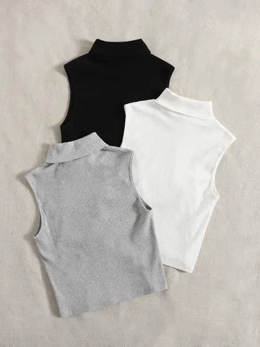 Vista 2 de SheIn Camiseta sin mangas con cuello de tortuga para mujer, 3 piezas, sin mangas, de punto acanalado