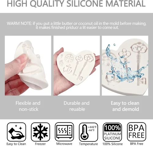 Vista 6 de Moldes de fondant para llaves de 2 piezas, molde de silicona para decoración de pastel de calavera de corazón para el día de San Valentín