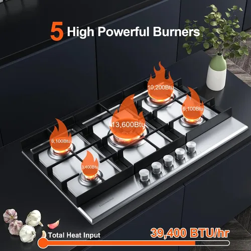 Vista 8 de Eascookchef Placa de cocina de gas de 30 pulgadas, estufa de gas con 5 quemadores de alta eficiencia, placa de cocina de propano de acero inoxidable
