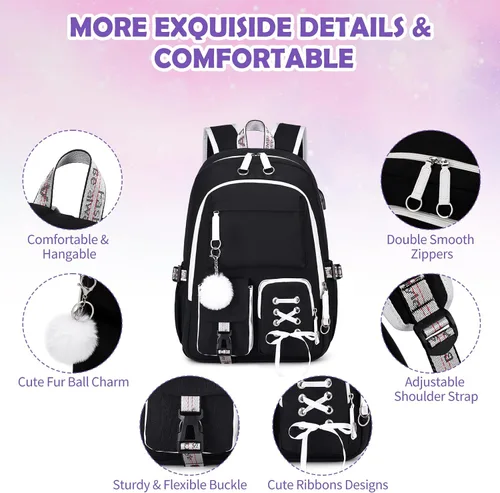 Vista 4 de ACESAK Mochilas para niñas, adolescentes, niños, escuela primaria, secundaria, universidad, mochila escolar para niños, Negro
