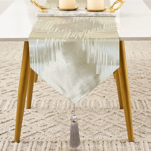 Vista 2 de Caminos de mesa bordados beige de 13 x 72 pulgadas de largo con borlas de lujo, líneas geométricas abstractas modernas para decoración del hogar