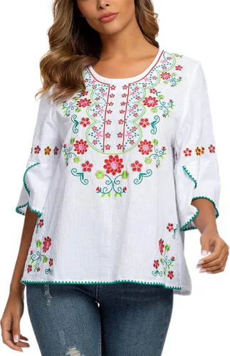 Vista 6 de Camisas mexicanas campesinas, blusas para mujer, blusas bordadas de algodón, para fiesta, verano, bohemias, mangas 34