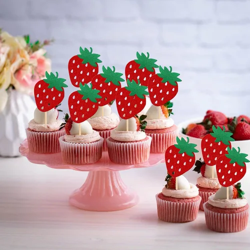 Vista 3 de 24 piezas de adornos para cupcakes de fresa, purpurina roja, temas de frutas, bayas y fresas, para verano, dulces, baby shower, fiesta