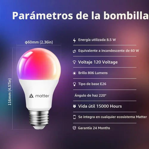 Vista 8 de ANWIO Bombillas inteligentes A19 Matter, 8.5 W (reemplazo de 60 W), base