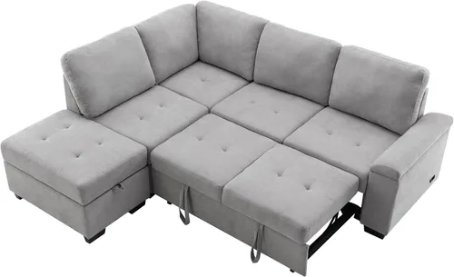 Vista 3 de Velvet Sleeper Sectional Sofa- L-Shape Corner Couch Sofa-Bed with Storage Ottoman & Hidden Arm Storage & USB Charge for Living Room Apartment Grey