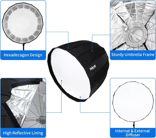 Vista 2 de Selens Parabolic Deep Softbox de 27.5 pulgadas / 27.6 in hexadecágono plegable rápido paraguas softbox con soporte Bowens Speedring para estudio